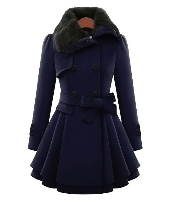 Women's Blue Fur-Collar Belted Trench Coat with Flared Hem