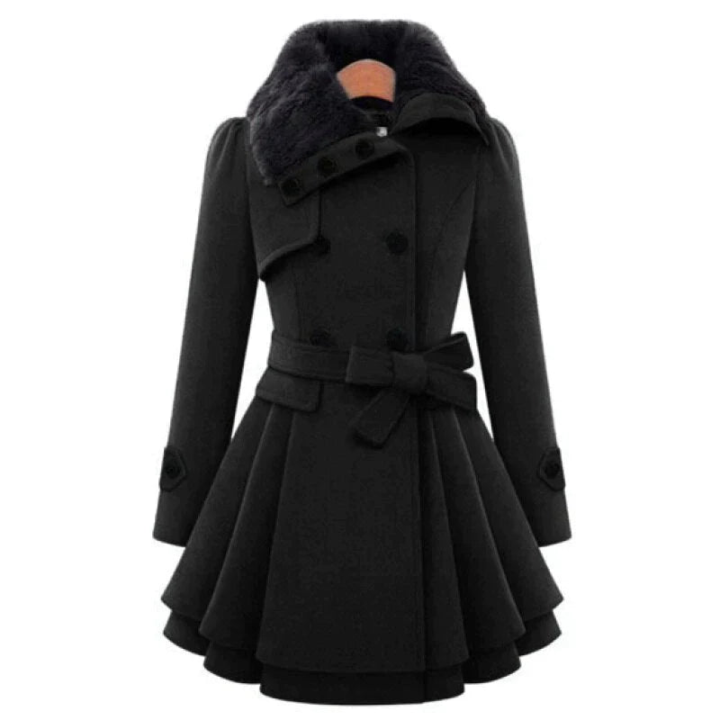 Women's Black Fur-Collar Belted Trench Coat with Flared Hem