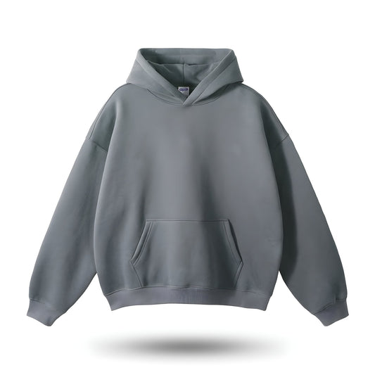 Steel grey weighted hoodie with relaxed comfort fit for layering