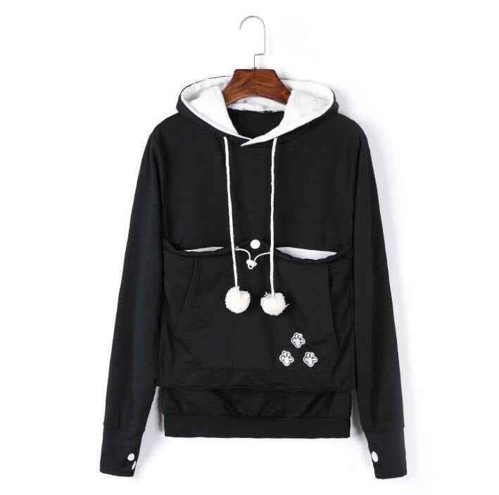 Black cat pouch hoodie with kangaroo pocket for autumn