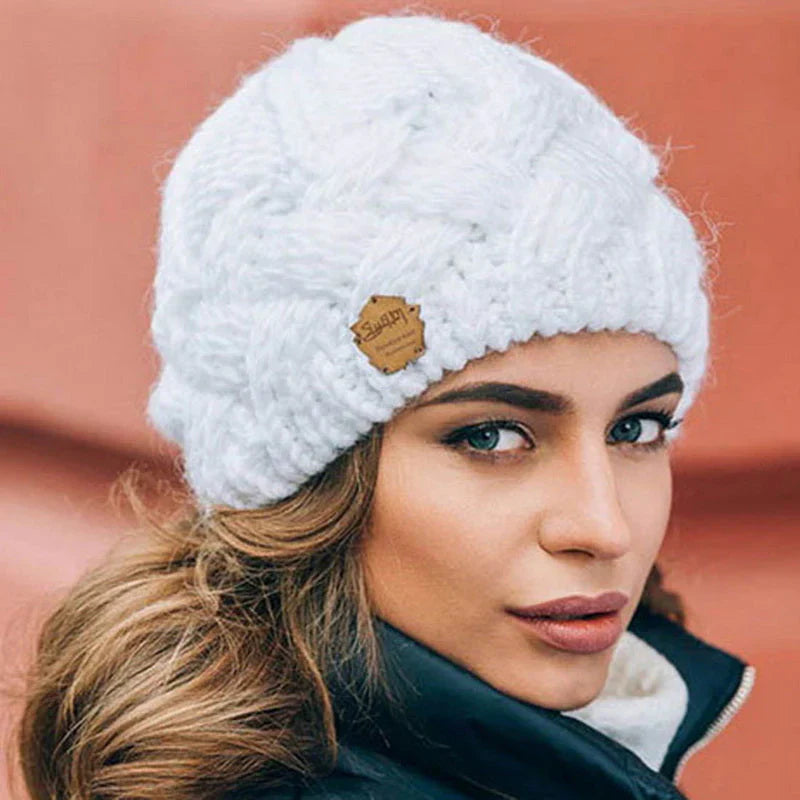 Unisex white chunky thermal knitted beanie with a snug, warm fit
