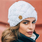 Unisex white chunky thermal knitted beanie with a snug, warm fit