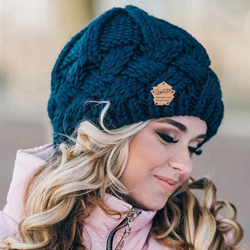 Unisex blue chunky thermal knitted beanie with a snug, warm fit