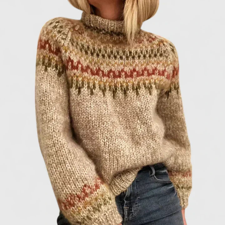 Women's Camel Fair Isle Patterned Turtleneck Autumn Jumper