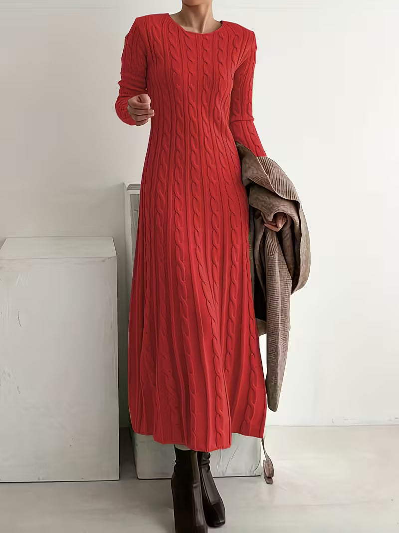Women's red cable knit maxi jumper dress with long sleeves and a round neck