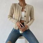 Women's cream cropped cable knit pointelle cardigan