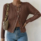 Women's brown cropped cable knit pointelle cardigan