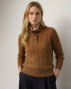 Women's rust cashmere-feel cable knit button neck jumper