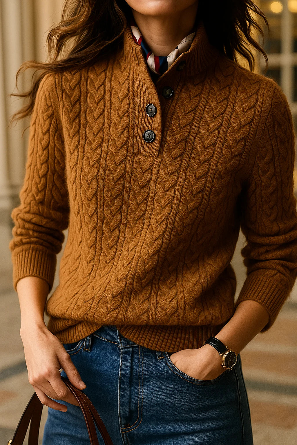 Women's cashmere-feel cable knit button neck jumper