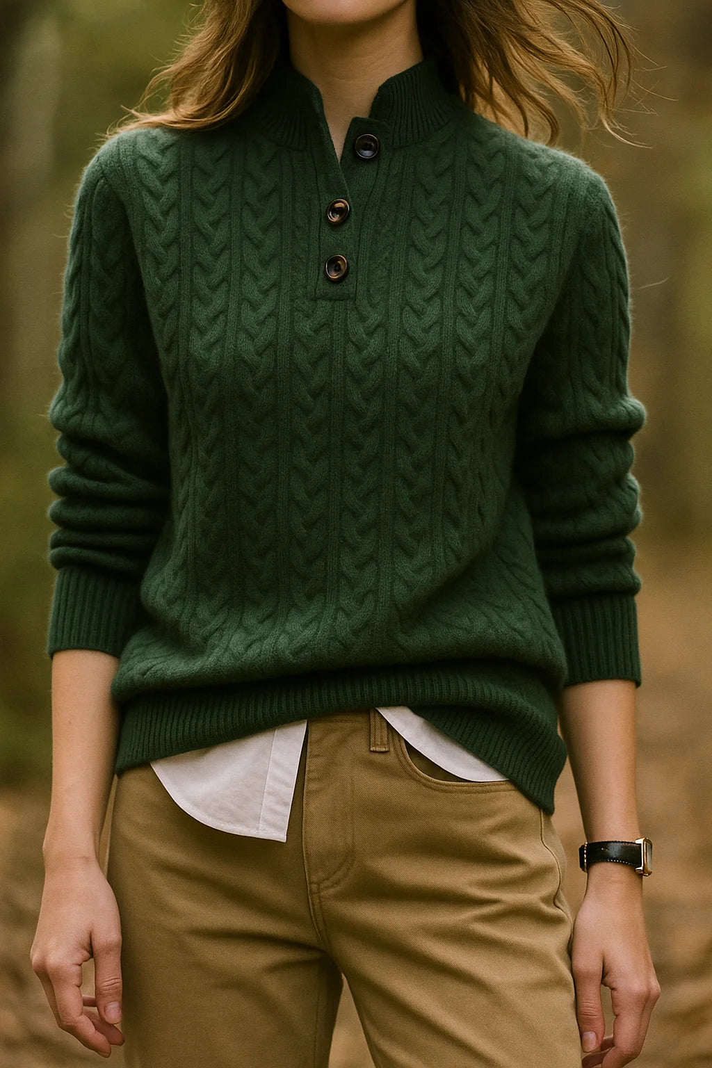 Women's dark green cashmere-feel cable knit button neck jumper