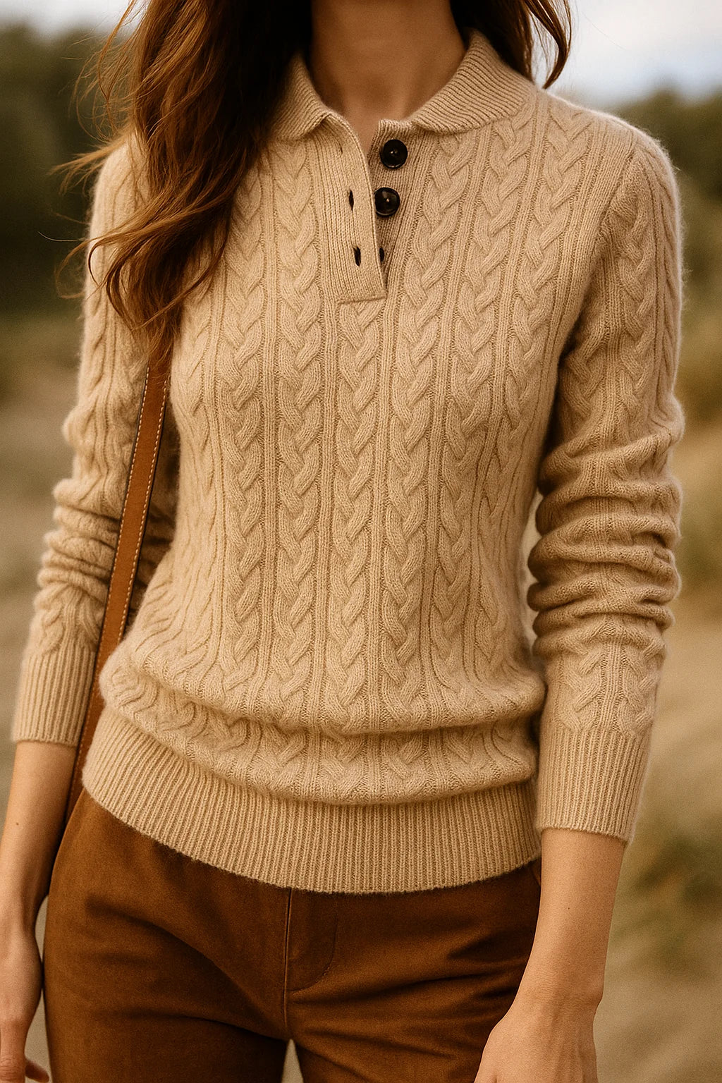 Women's camel cashmere-feel cable knit button neck jumper