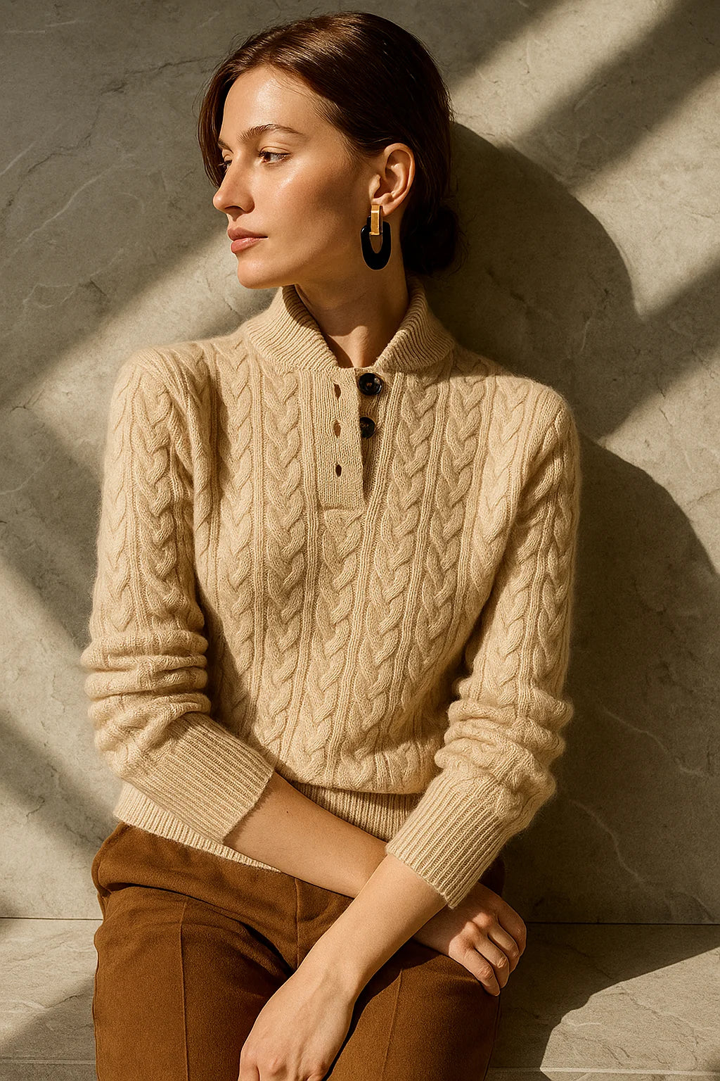 Women's cashmere-feel cable knit button neck jumper