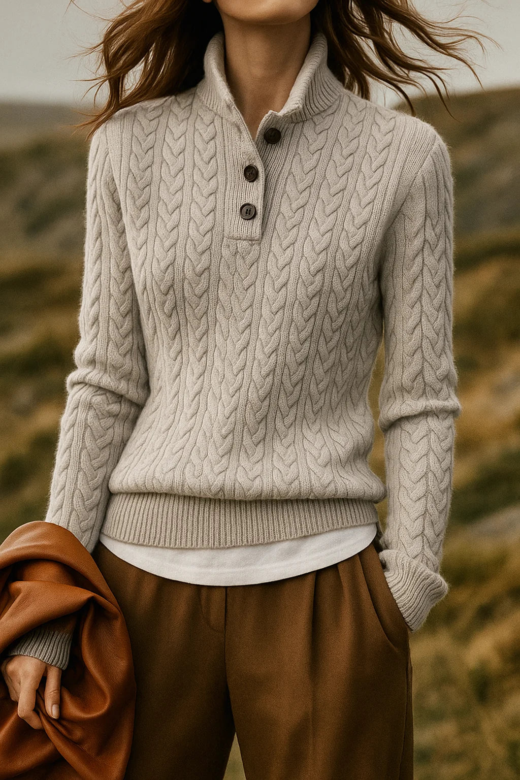 Women's stone cashmere-feel cable knit button neck jumper