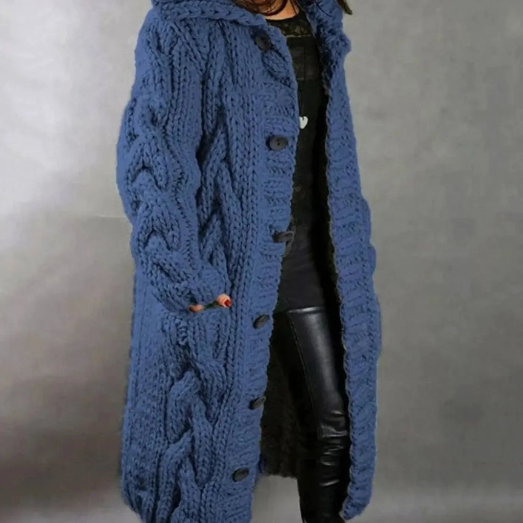 Women's blue long chunky cable knit hooded cardigan