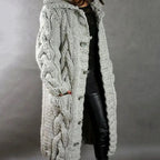 Women's light grey long chunky cable knit hooded cardigan