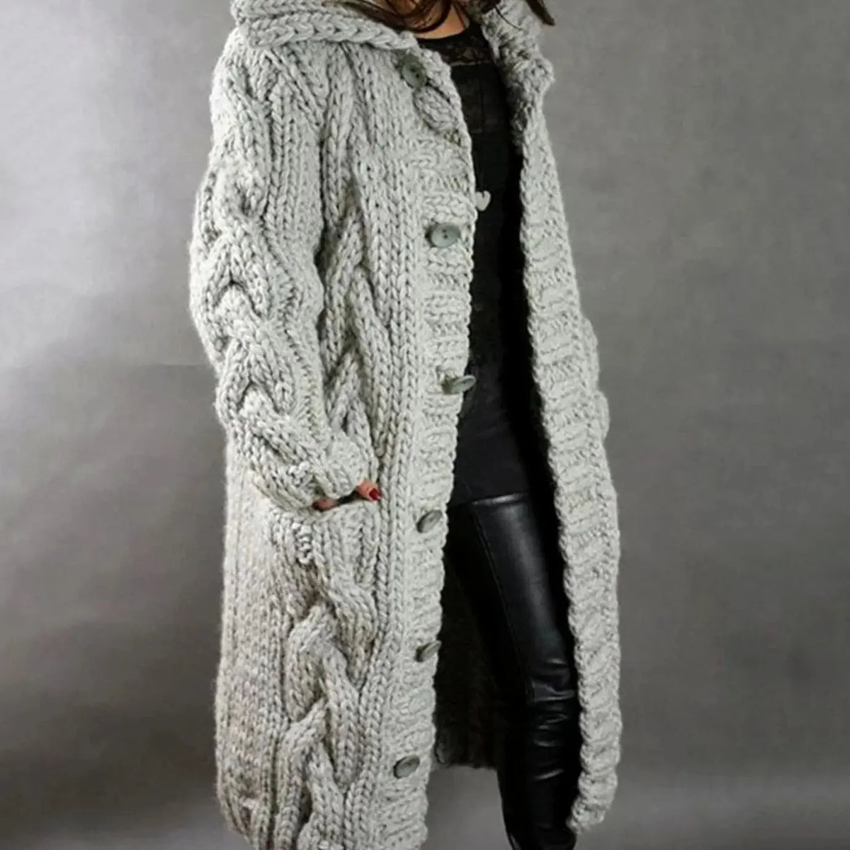 Women's light grey long chunky cable knit hooded cardigan