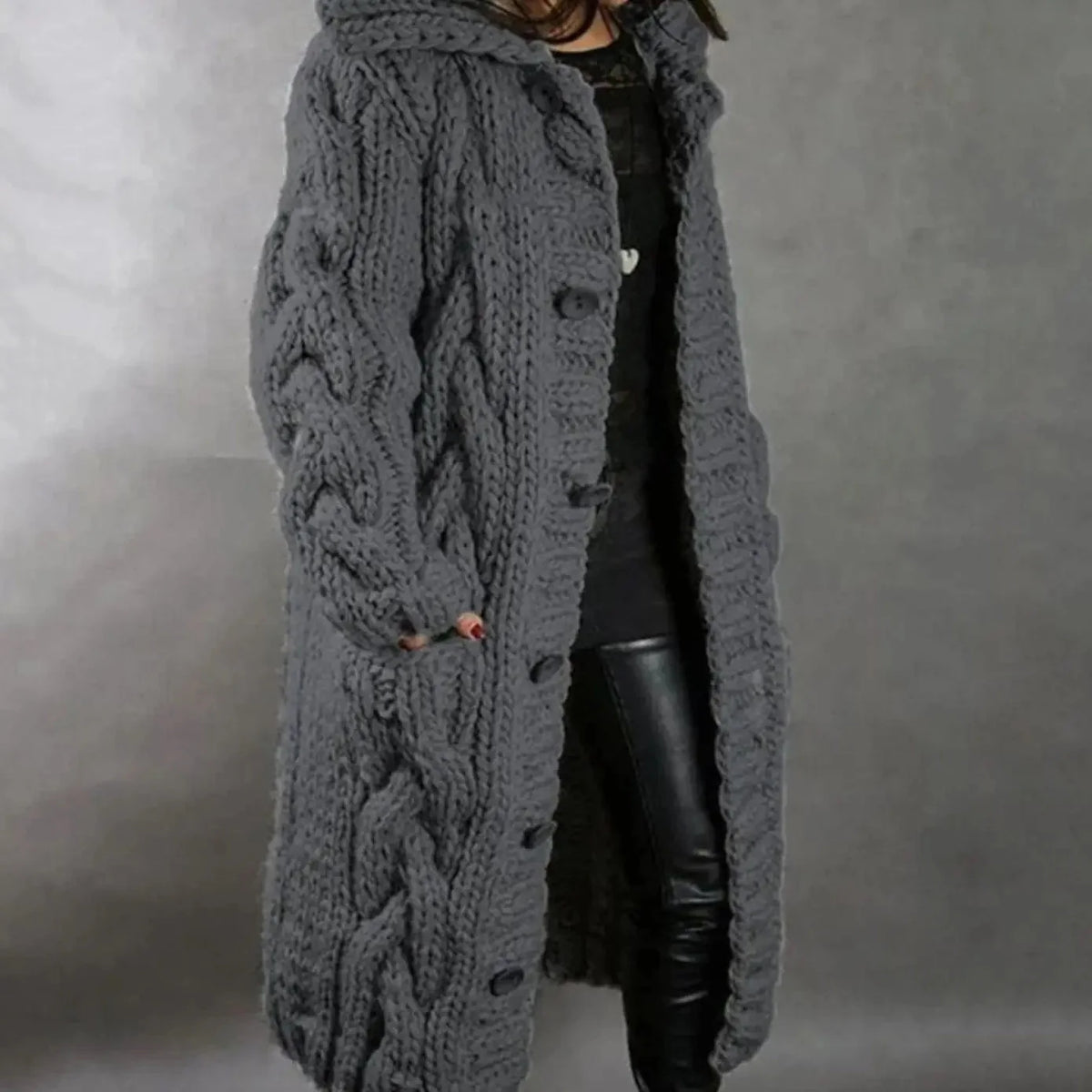 Women's dark grey long chunky cable knit hooded cardigan