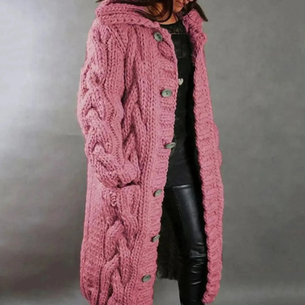 Women's dusty rose long chunky cable knit hooded cardigan