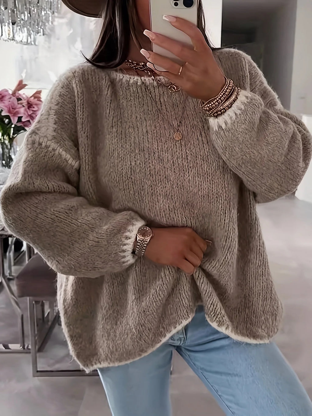 Women's taupe oversized chunky knit boat neck jumper