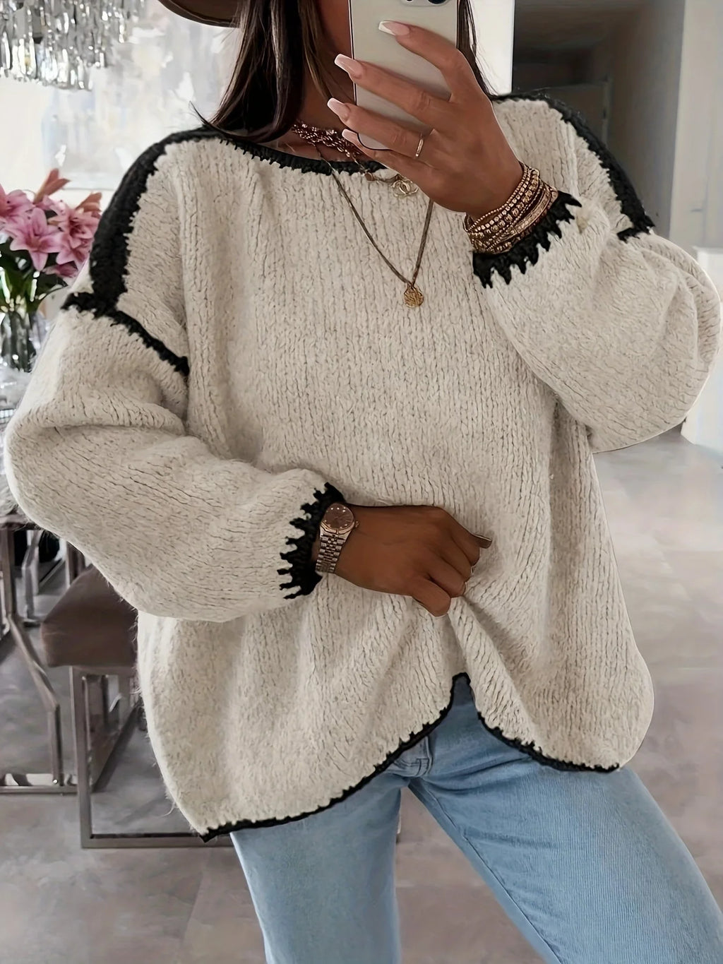 Women's cream oversized chunky knit boat neck jumper