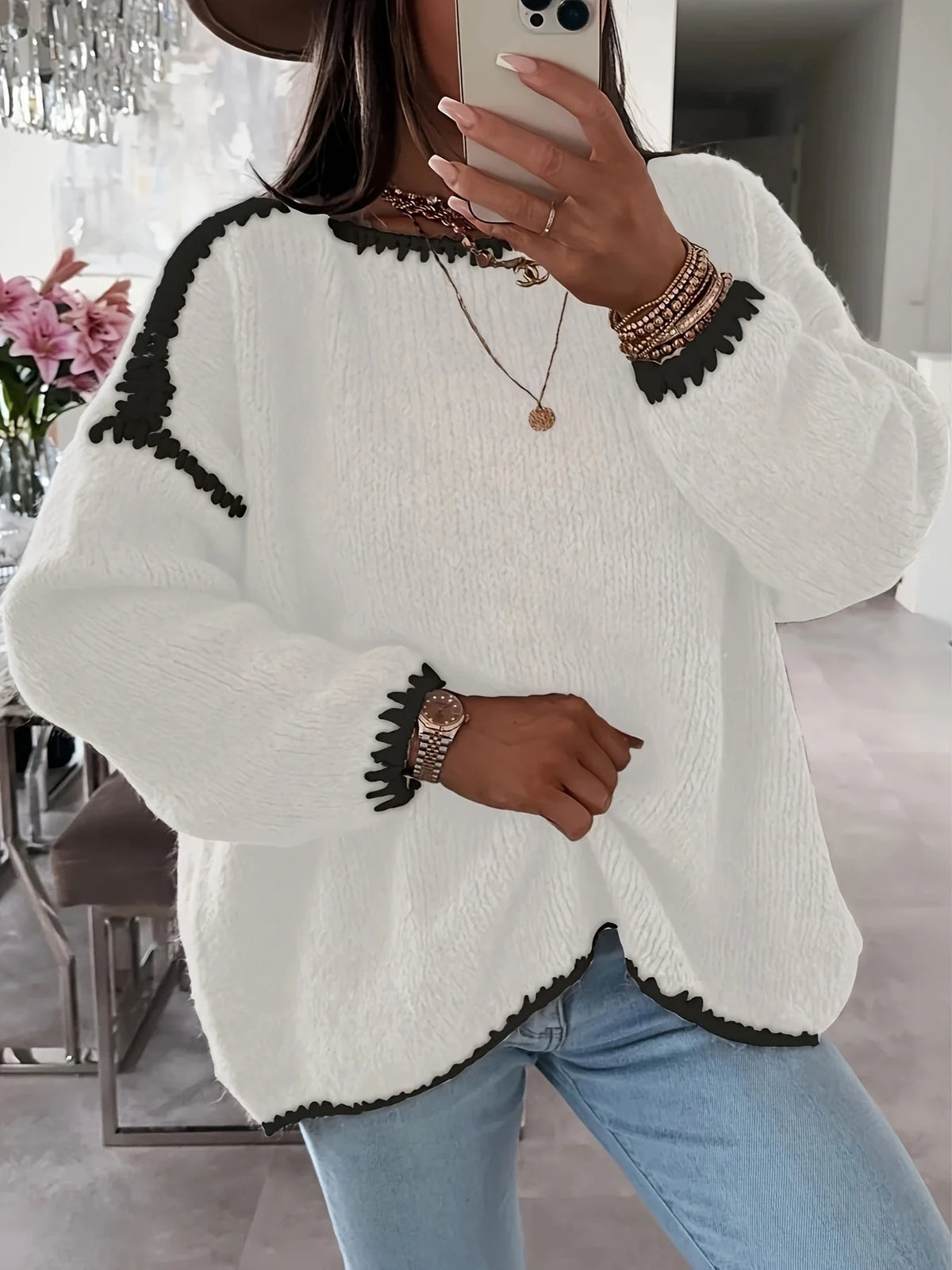 Women's white oversized chunky knit boat neck jumper