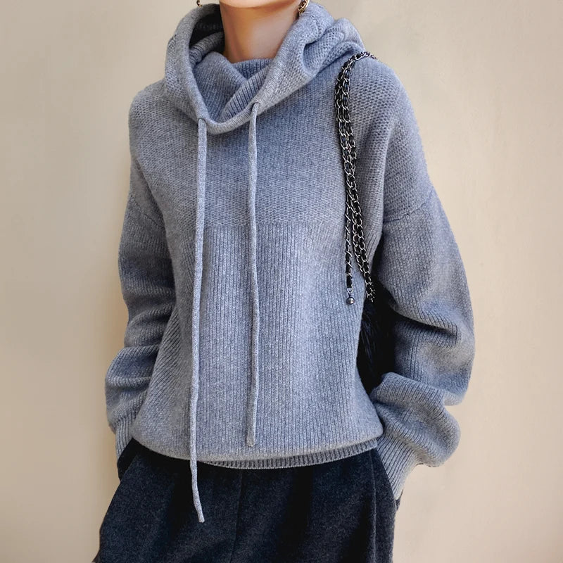 Women's blue grey oversized chunky knitted hoodie with drawstring