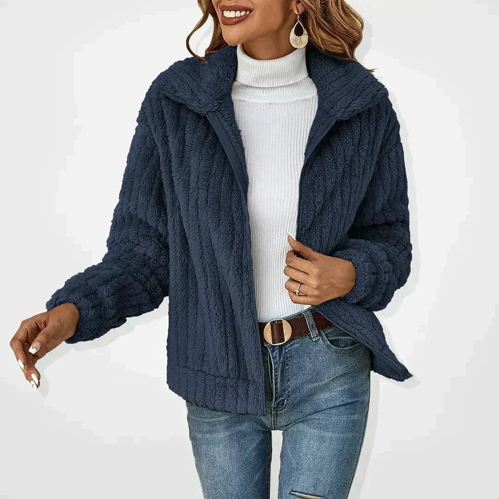 Women's navy teddy fleece zip jacket