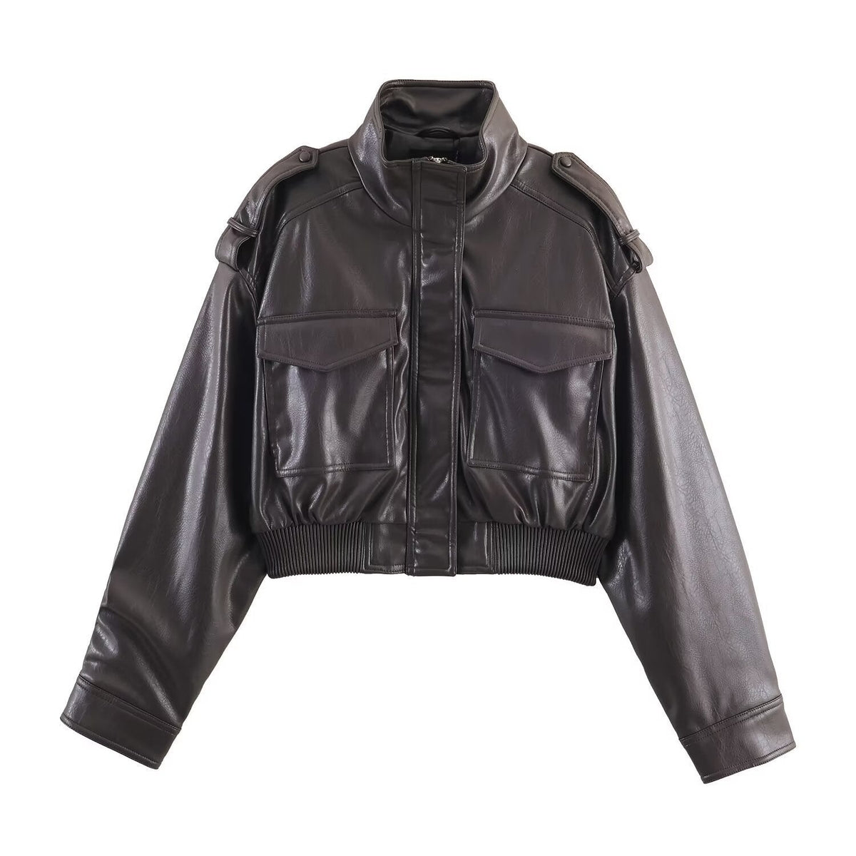 Cropped faux leather bomber jacket with ribbed cuffs and hem