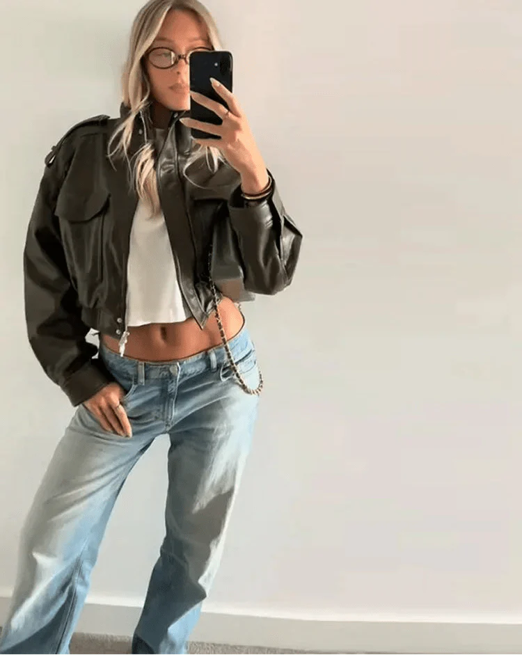Cropped faux leather bomber jacket with ribbed cuffs and hem