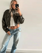 Cropped faux leather bomber jacket with ribbed cuffs and hem
