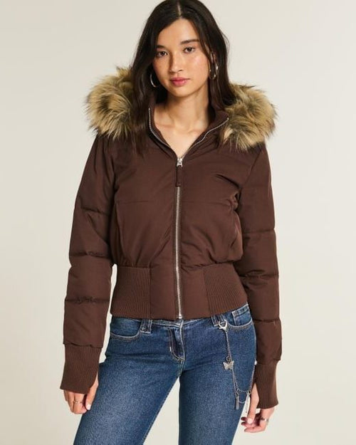 Cropped puffer jacket with faux fur trim hood, front view