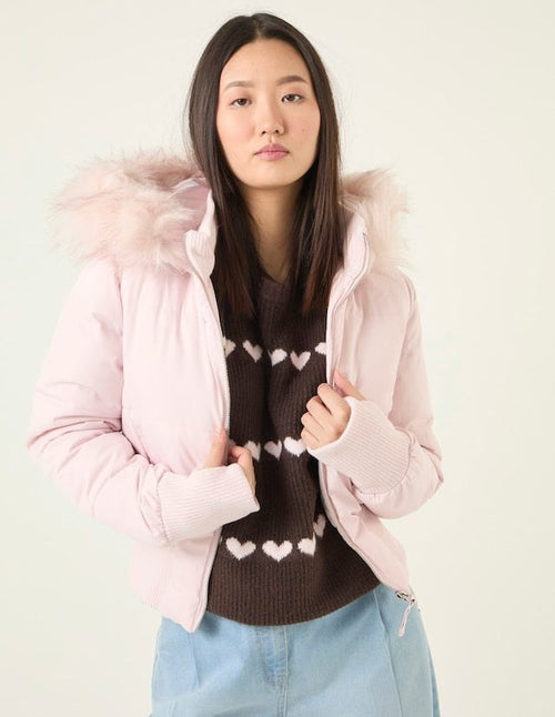 Cropped puffer jacket with faux fur trim hood, back view