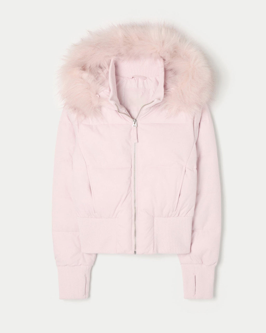Cropped puffer jacket with faux fur trim hood, product still life