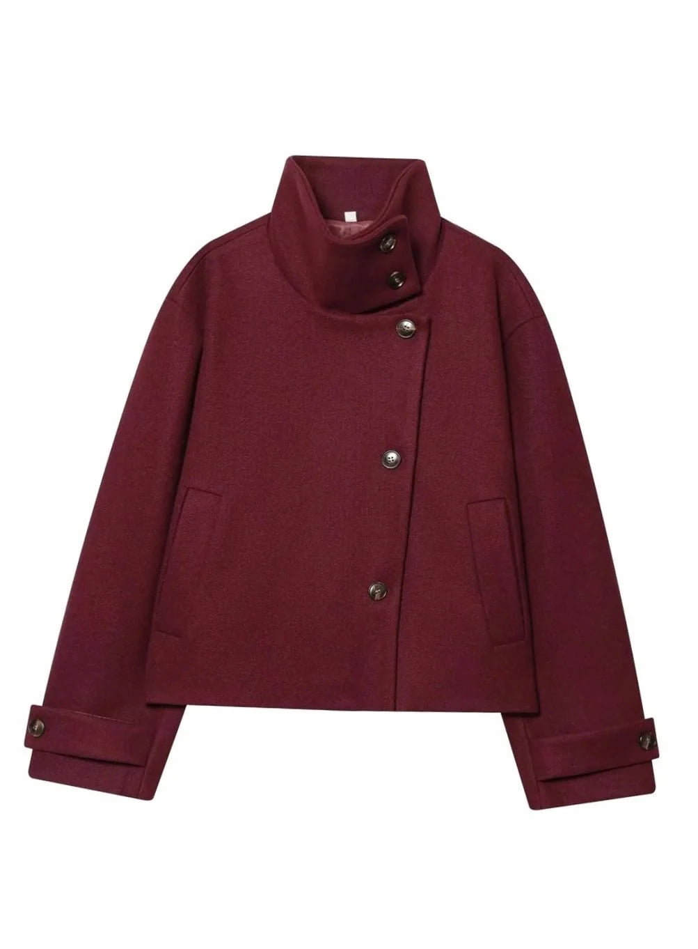 Women's burgundy cropped wool coat with asymmetric buttons