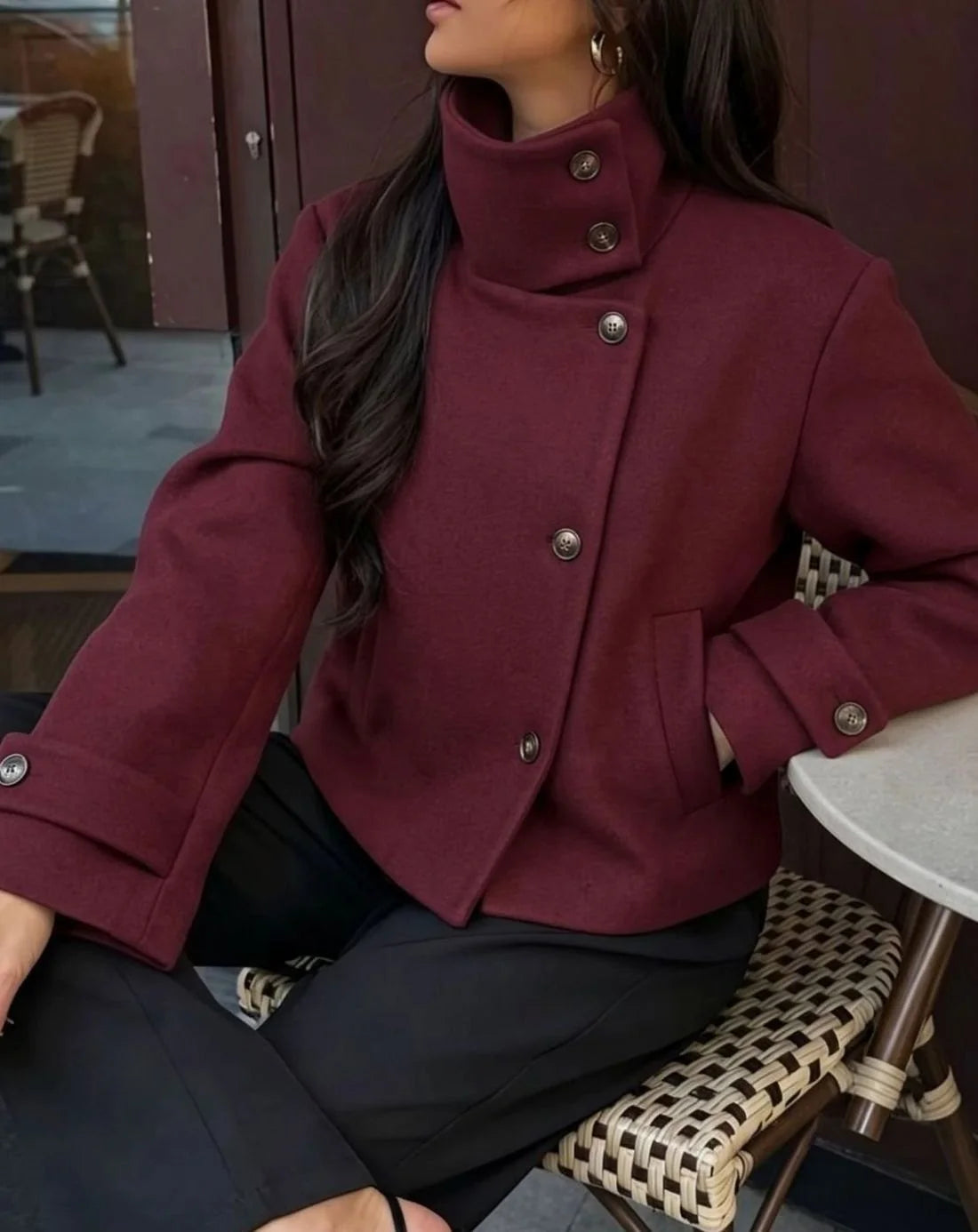 Women's cropped wool coat with asymmetric buttons