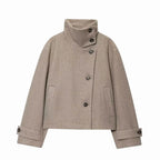 Women's taupe cropped wool coat with asymmetric buttons