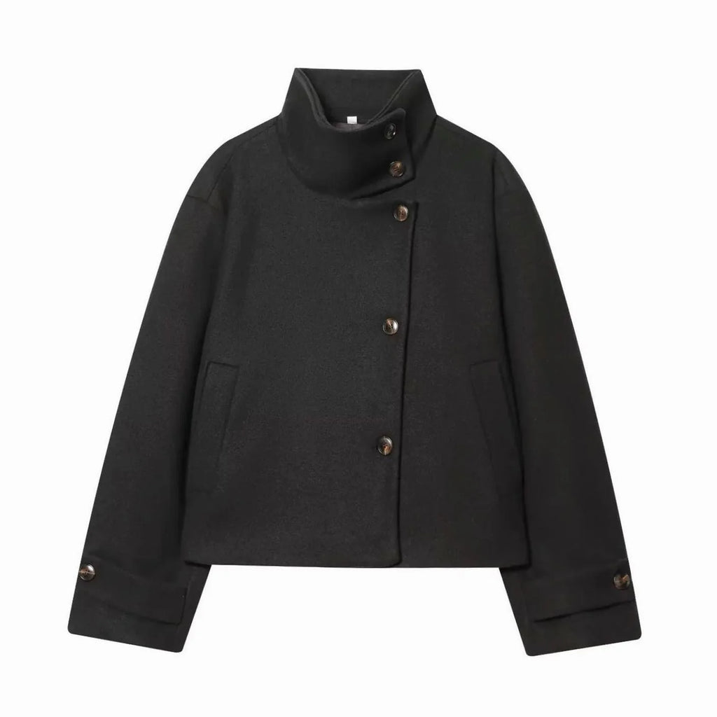 Women's black cropped wool coat with asymmetric buttons