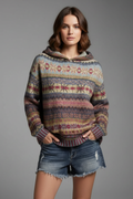 Women's Fair Isle Knitted Pullover Hoodie With Ribbed Cuffs Detail
