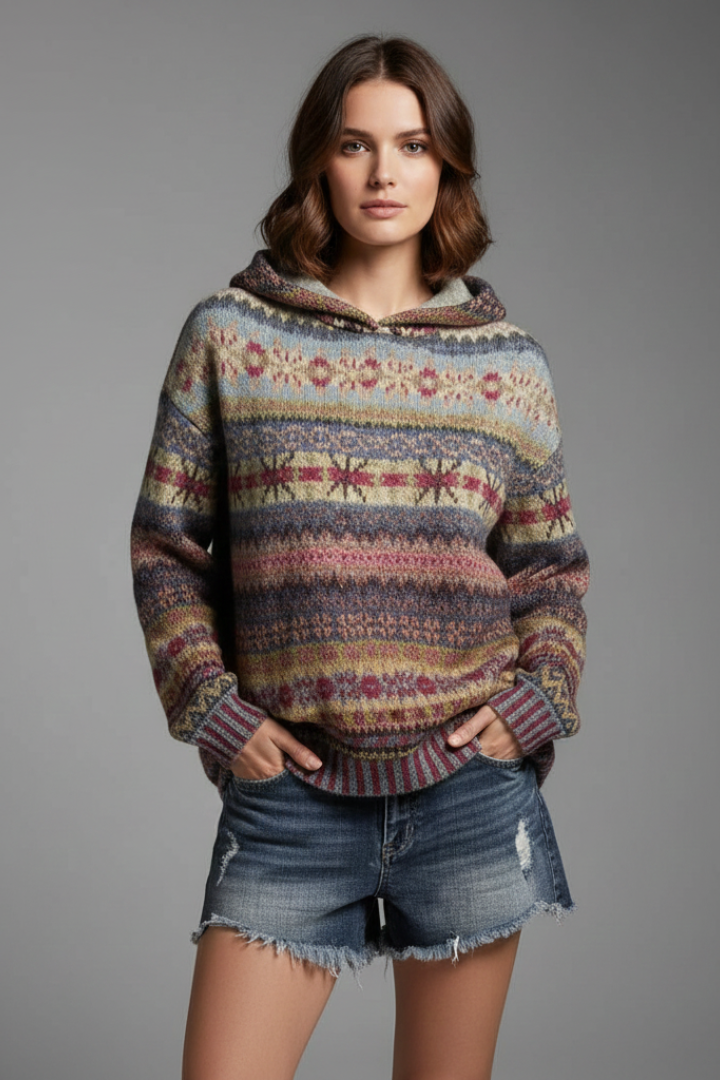 Women's Fair Isle Knitted Pullover Hoodie With Ribbed Cuffs Detail
