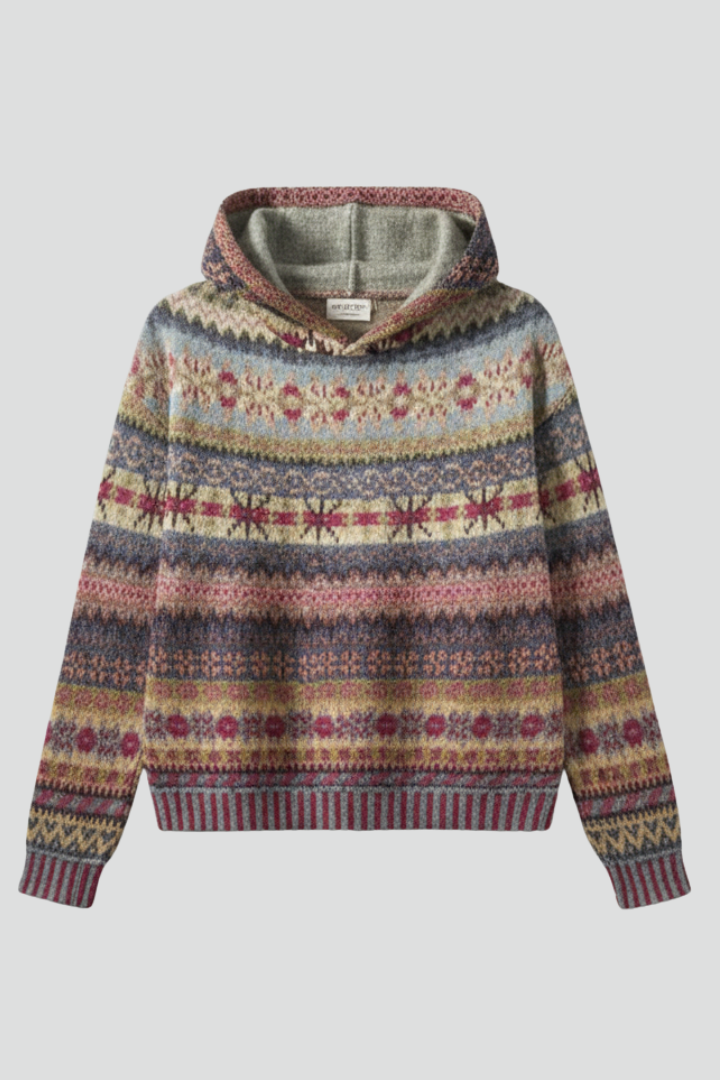 Women's Fair Isle Knitted Pullover Hoodie With Ribbed Cuffs Detail