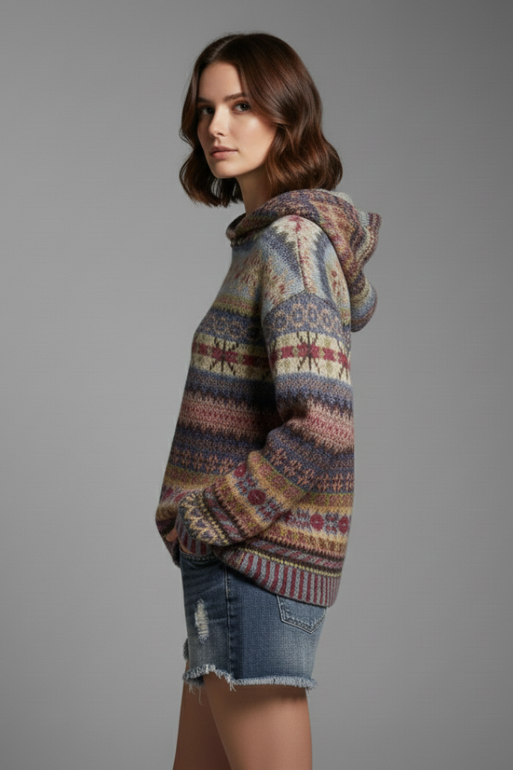 Women's Fair Isle Knitted Pullover Hoodie With Ribbed Cuffs Detail
