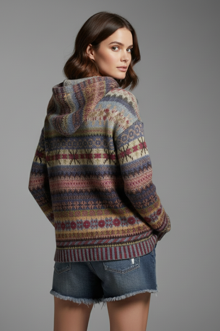 Women's Fair Isle Knitted Pullover Hoodie With Ribbed Cuffs Detail