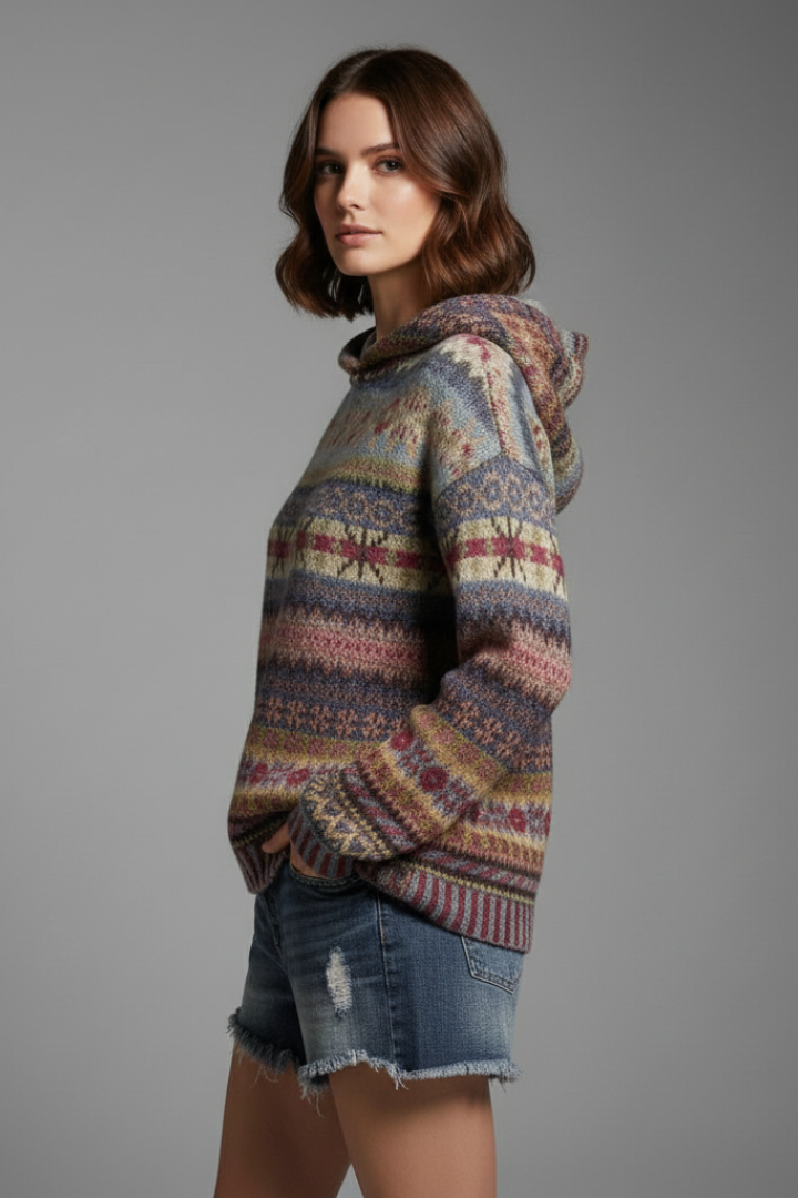Women's Fair Isle Knitted Pullover Hoodie With Ribbed Cuffs Detail