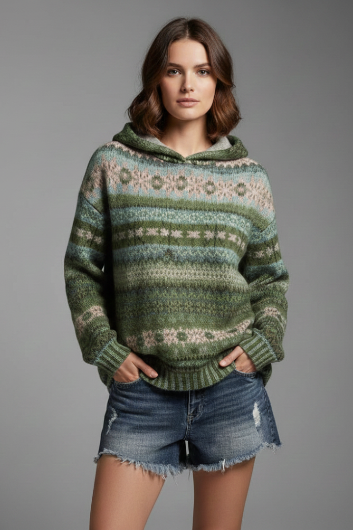 Women's Fair Isle Knitted Pullover Hoodie With Ribbed Cuffs Detail