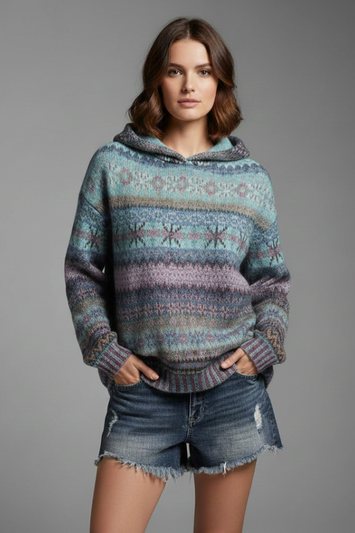 Women's Fair Isle Knitted Pullover Hoodie With Ribbed Cuffs Detail