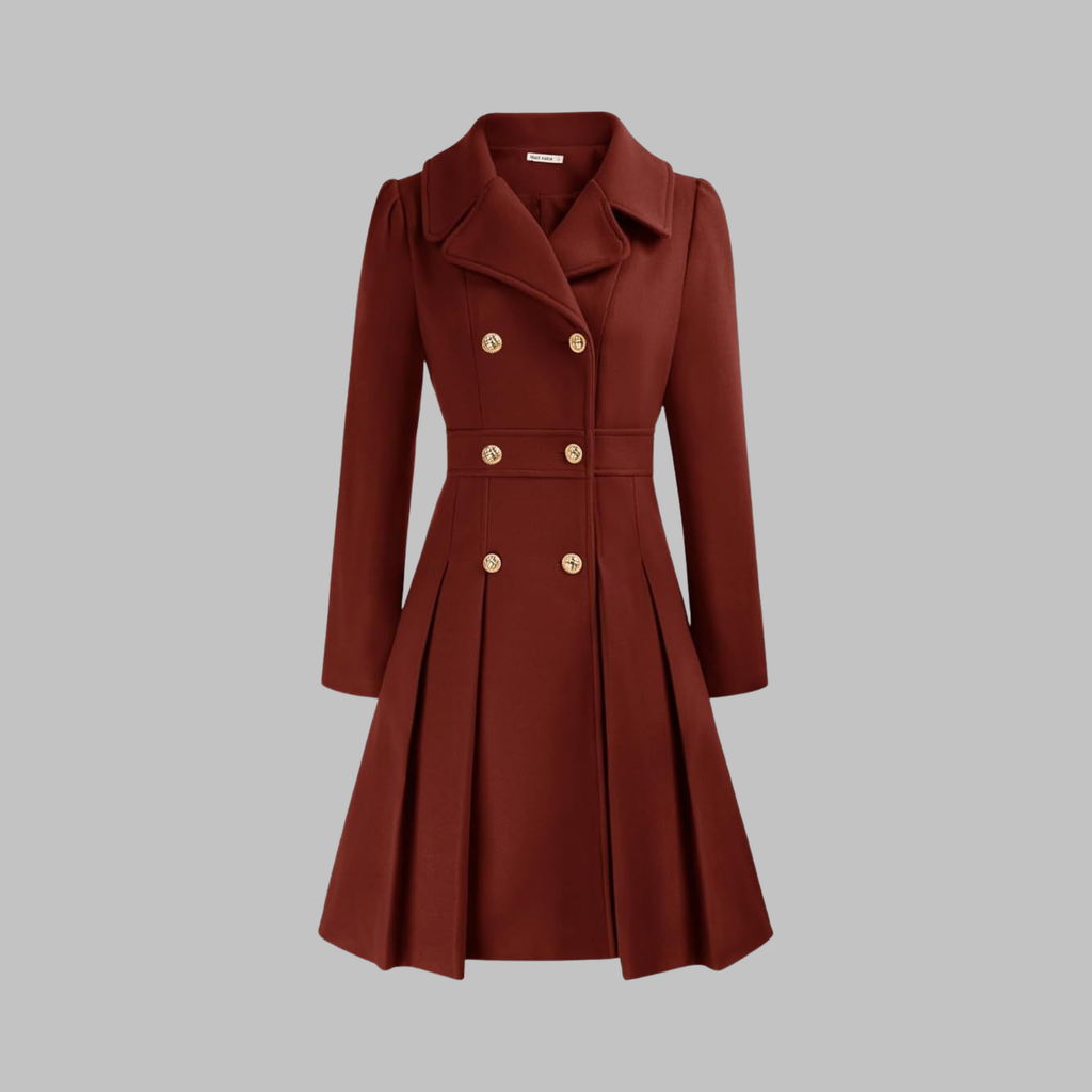 Women's Double-Breasted Pleated Fit-And-Flare Coat With Long Sleeves