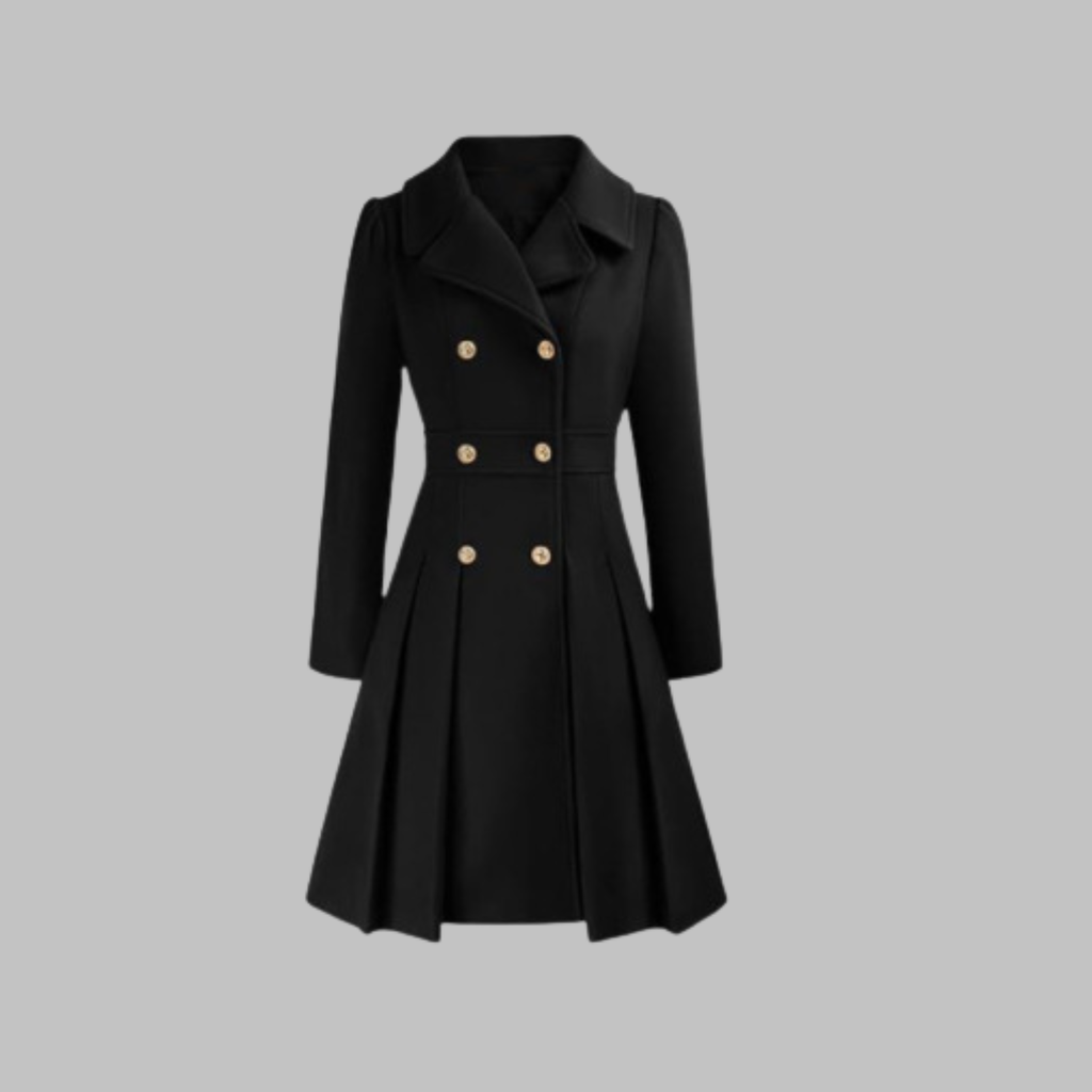 Women's Double-Breasted Pleated Fit-And-Flare Coat With Long Sleeves