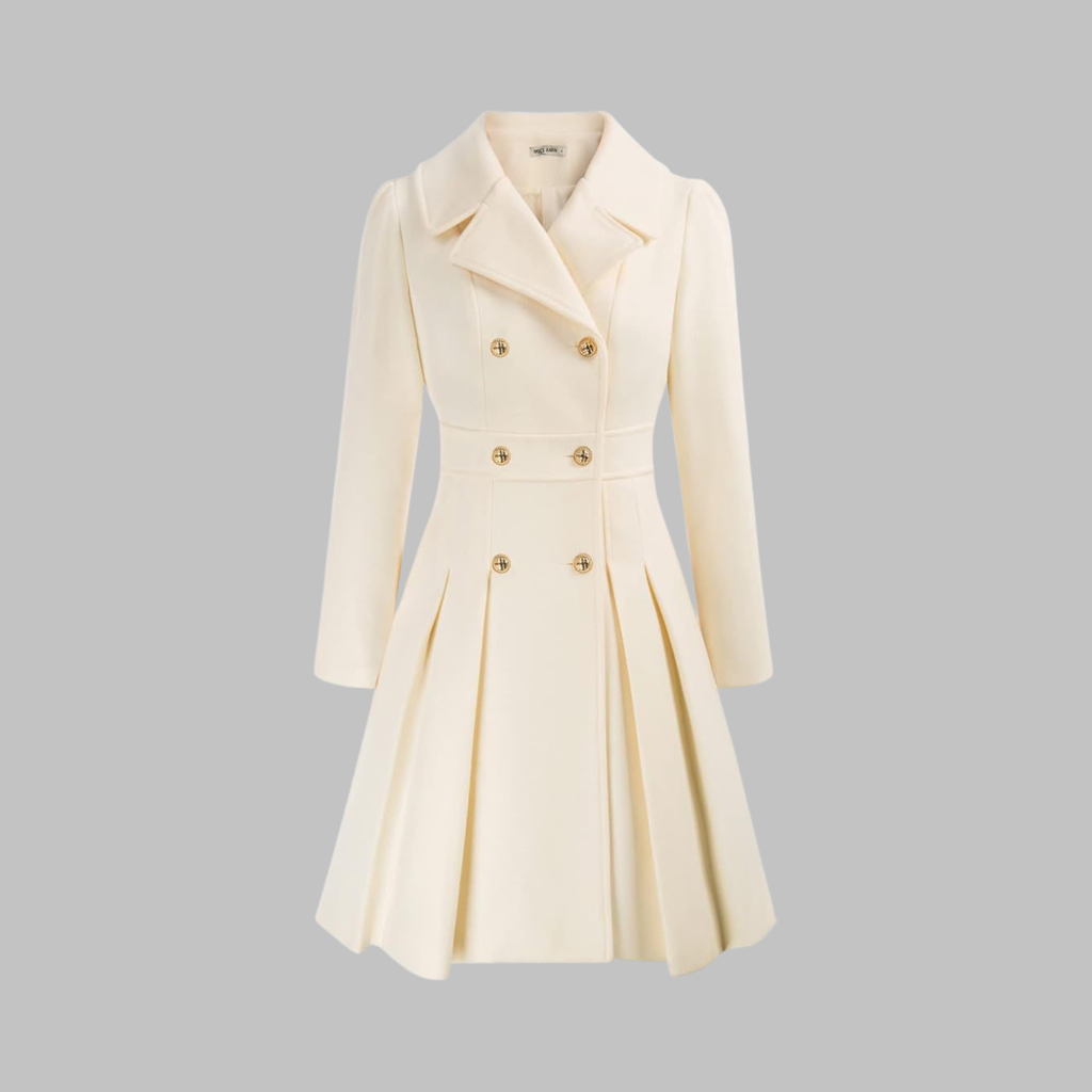 Women's Double-Breasted Pleated Fit-And-Flare Coat With Long Sleeves