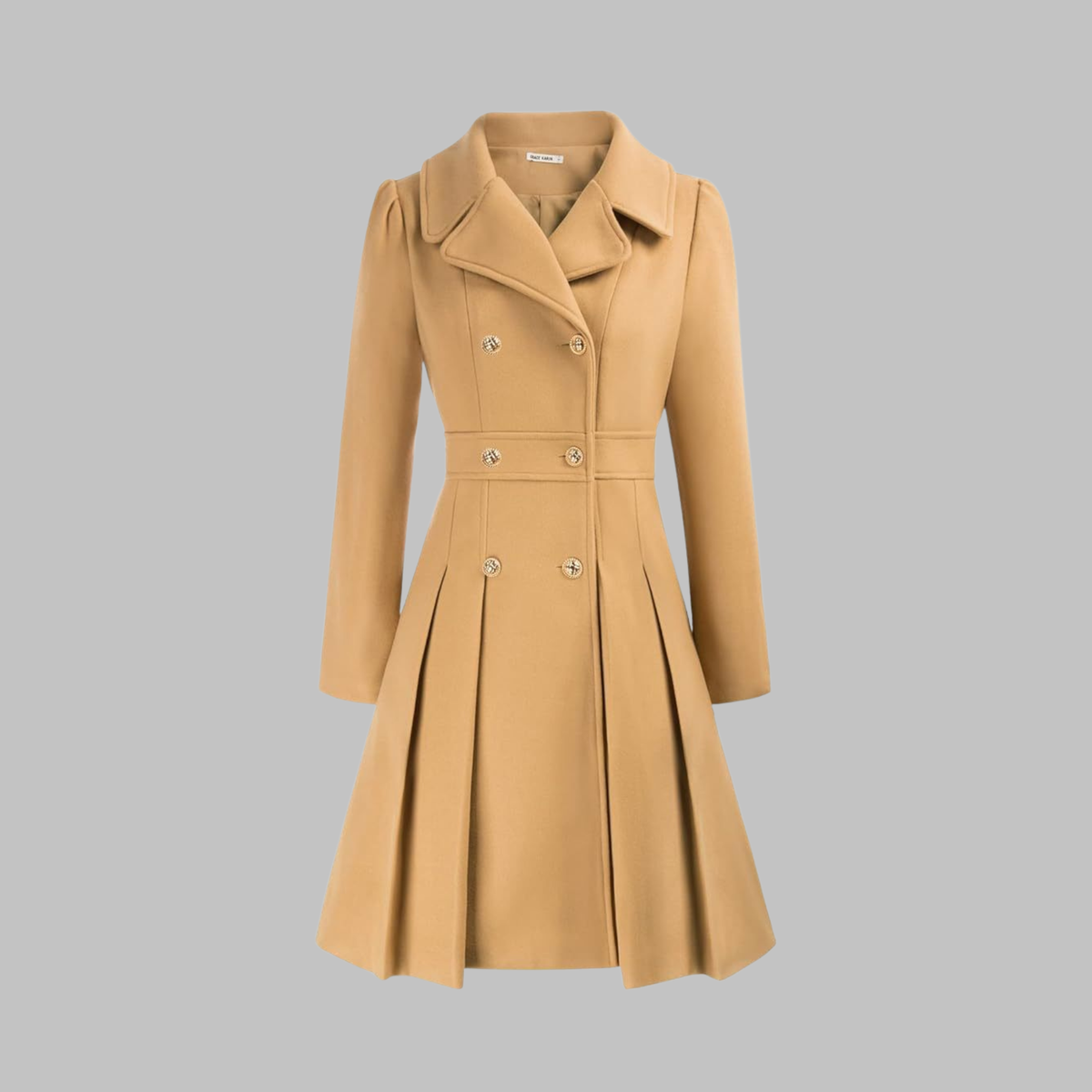 Women's dark blue double-breasted longline coat with tailored lines