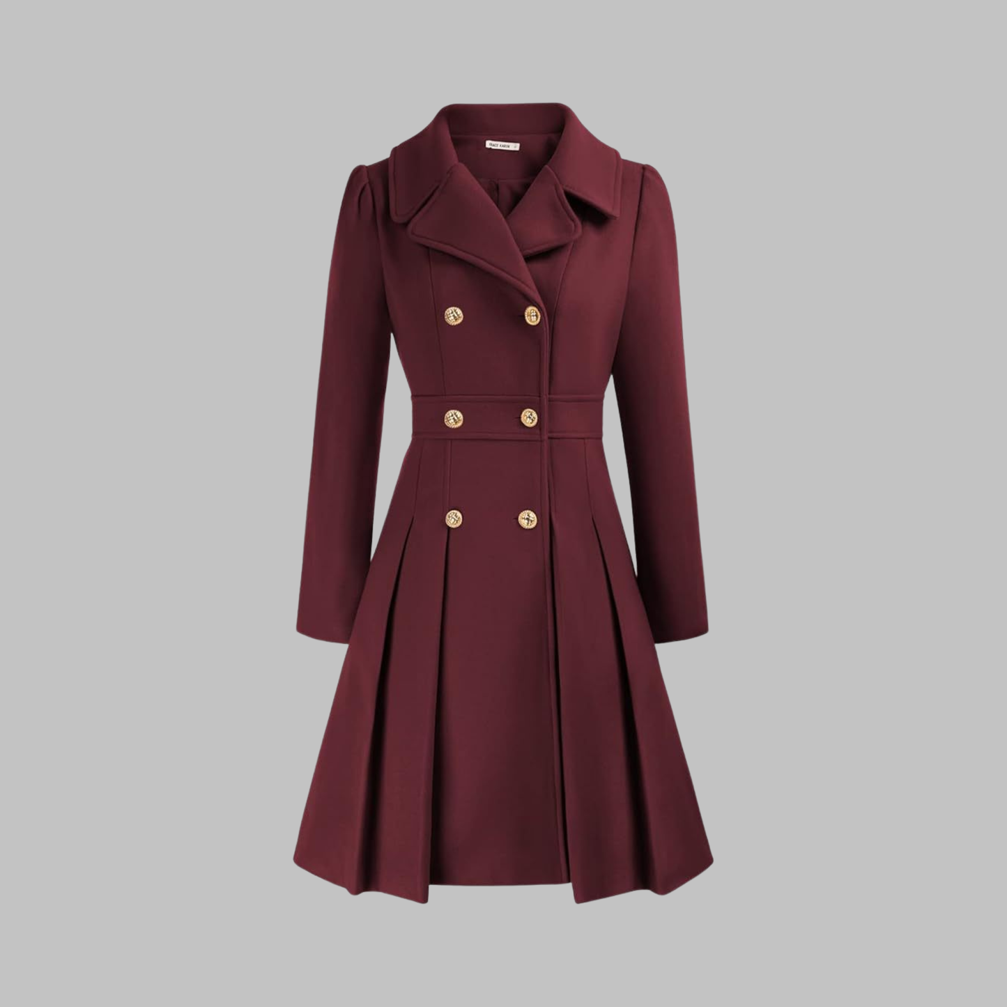 Women's dark blue double-breasted longline coat with tailored lines